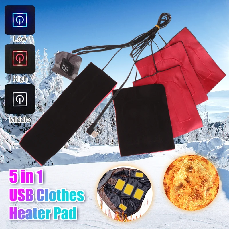 5 В 1 USB нагревател за дрехи Pad W / 3 Gear Регулируема температура Електрически нагревателен лист Зимно отопление Топло Pad за жилетка яке