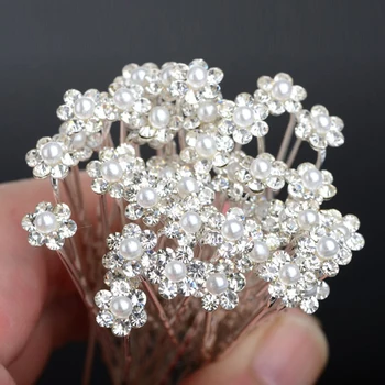 100% чисто нов и висококачествен 40PCS сватбени щифтове за коса кристална перла цвете булчински фиби