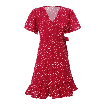 2-9Y Детски момичета Boho Polka Dot Print Dress Wrapped V Neck Short Sleeve Ruffle Hem Sundress за плажна ваканция