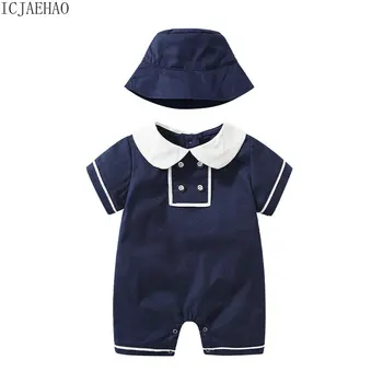 2023 Лятно бебешко боди облекло за момичета момчета Детски гащеризон с шапка Детски гащеризони с къс ръкав Тъмносини