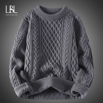 2023 Мъжки реколта обрат пуловери случайни кръг врата твърди пуловер корейски хлабав Harajuku стил плета пуловер дълъг ръкав мъже върховете