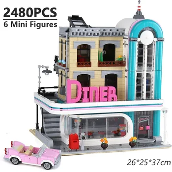 2488Pcs Downtown Diner градивни блокове с 6 мини фигури съвместими 10260 15037 модел тухли за деца възрастни играчки подаръци