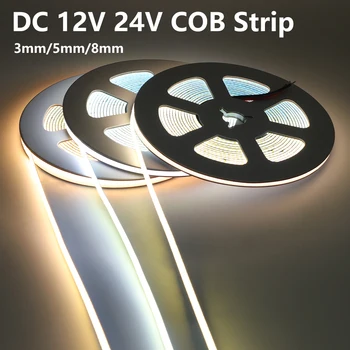 384LEDs/m COB LED лента 12V 24V висока плътност 3mm 5mm 8mm PCB ширина гъвкава COB LED лента Регулируема линейна светлина 3000K 4000K 6000K