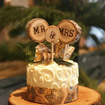  3Pcs / комплект MR & MRS дървена творческа торта декорация, бор дневник сватбено тържество дървена торта вложка