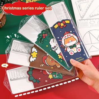 4pcs Kawaii Коледа заек куче владетел канцеларски комплект сладък карикатура многофункционална комбинация владетел владетел триъгълник транспортир