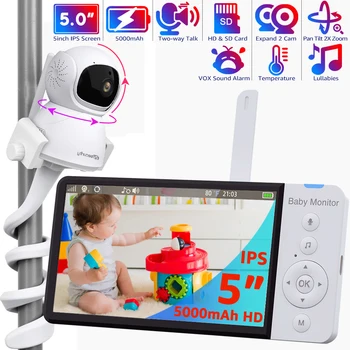 5 инчов HD бебешки монитор с камера Pan-Tilt-Zoom 5000mAh батерия с дълъг живот IPS екран PTZ Babyphone детегледачка камера притежателя