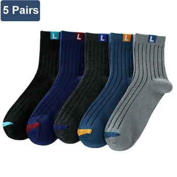 5 чифта Мъжки раирани памучни чорапи Удебелени есенни и зимни чорапи Mid-tube Нови мъжки чорапи Спортни висококачествени памучни чорапи