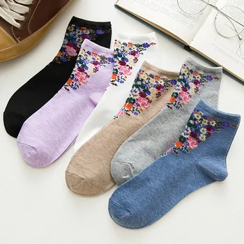 6 чифта флорални шарени средни тръбни чорапи, реколта дамски чорапи, памучни дамски чорапи