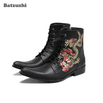 Batzuzhi Луксозни ръчно изработени мъжки ботуши обувки заострени пръсти бродерия черна кожа глезена ботуши мъже мотоциклет/колоездене Botas Hombre