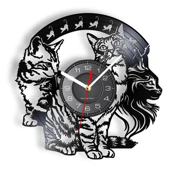 Cats Silhouette Vinyl Record Wall Clock Kitty Retro Artwork Clock Timepieces Re-purposed Vinyl Album Home Decor For Cat Lovers