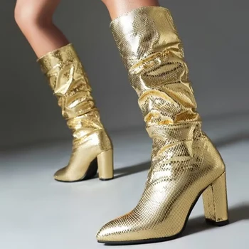 Chelsea Mid Calf Boots Women 2023 Зимни Нови Буци Високи токчета Обувки Заострени Toe Готически ботуши Гладиатор Мотоциклет Botas Помпи