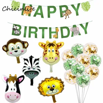 Chicinlife джунгла Честит рожден ден банер животински банер зелен конфети балон рожден ден парти декорация джунгла парти доставки