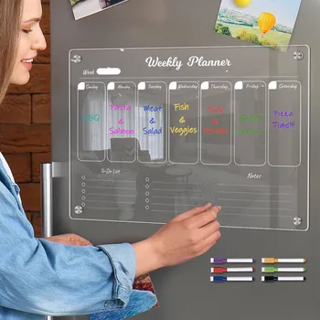 Clear акрилен магнитен хладилник съвет плановик дневен седмичен график хладилник календар с 6 изтриваеми маркери за домашно училище