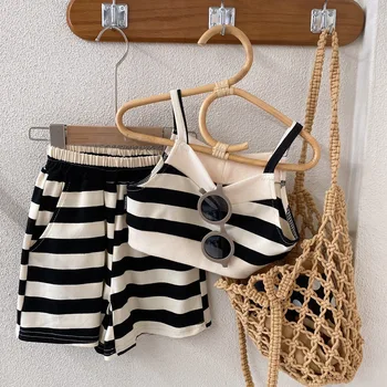 Girls Stripe 2pcs Suit Summer Children Baby Kids Sleeveless Halter Tops T-shirts+shorts Sets Leisure Wear
