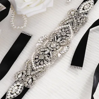 Glitter кристали булчински колан за сватба шаферка мъниста крила за официална рокля черна панделка колани за сватбена рокля