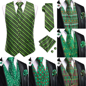 Hi-Tie Christma мъже жилетка вратовръзка зелен черен бизнес официална рокля тънък без ръкави яке 4PC ханки копче за ръкавели Paisley костюм жилетка