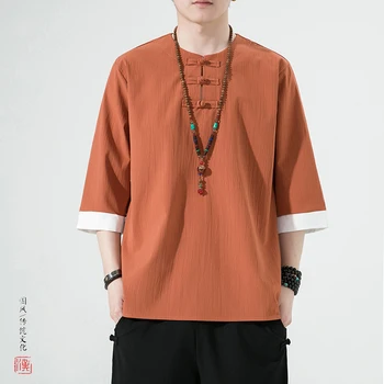 High Texture Solid Color O-neck Dial Buckle тениска за мъже Summer Man Sinicism Hanfu тениска Мъжки лед коприна дишаща Tee Tops