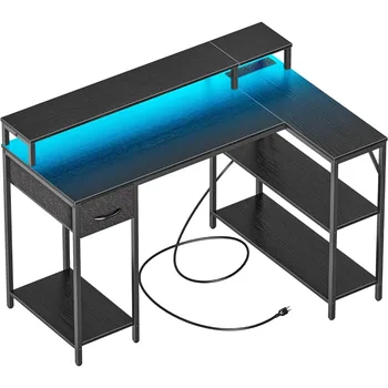 L оформено игрално бюро с LED светлини & електрически контакти стая бюро за изучаване на мебели черна маса компютърни бюра Pliante четене