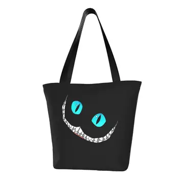 Mad Cat Grin Shopper Bag Blue Eyes Grin Усмихната чанта за рамо Женска чанта за пътуване от полиестер Дизайнерска чанта Kawaii