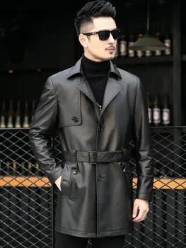 Mauroicardi Есенен черен кожен тренчкот дълъг ръкав колан еднореден плюс размер мъжки модни дрехи 2023 3xl 4xl 5xl