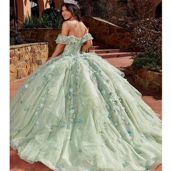 Mint Green Beading пискюл Quinceanera рокля топка рокля от рамото 3D цветя апликации корсет сладък 15 vestidos de XV Años