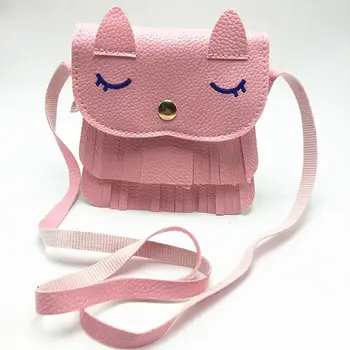 PU Мини чанти за рамо Сладка котка пискюл Малка чанта чанти Малки момичета