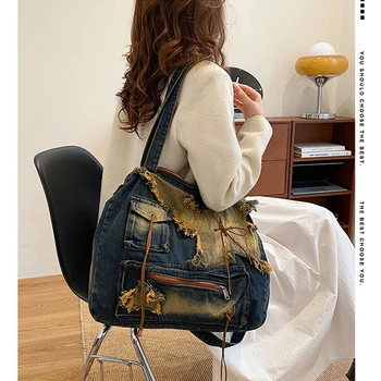 Preppy стил деним плат пратеник чанти за жени луксозен дизайнер чанти портмонета 2023 Ново в затруднено положение рамо с голям капацитет