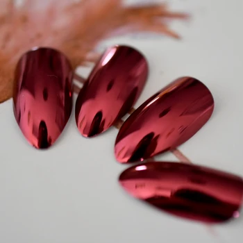 STILETTO Кратко червено огледало Press-On нокти остри метални дами мода средно фалшиви нокти комплект качество 24 брой