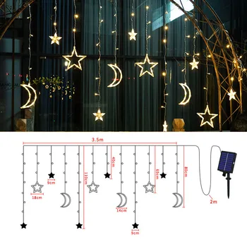 Solar Eid Star Moon завеса лампа Приказни светлини Коледни празнични декорации за домашна градина Открит прозорец стая Сватбен декор