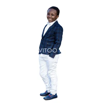 Spring New Arrival Boys Suits Blue Plaid Blazer White Pants Set/Children's Formal Clothing Wedding Prom Birthday Party Outfit