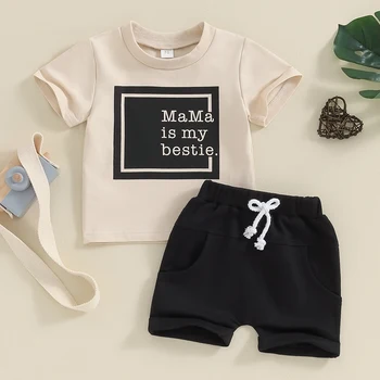 Toddler Baby Boy Summer Outfit Mama Is My Bestie Short Sleeve T Shirt Elastic Shorts Set Cute Infant Newborn Clothes