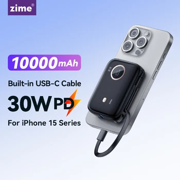 Zime 30W Mini Power Bank 10000mAh с кабел за бързо зареждане Външна батерия Бързо зарядно устройство Преносима Powerbank за iPhone 15 Xiaomi13