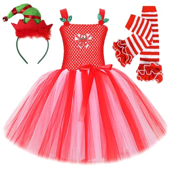Бял червен бонбони тръстика коледни костюми за момичета Коледа празнично парти фантазия рокля за деца Нова година пачки облекло с лък чорапи