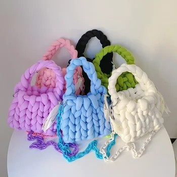 Въже плетене на една кука чанта ръчно изработени акрилна верига жени подмишници чанта дизайнер плетене crossbody чанти за жени тъкани буци плета чантата