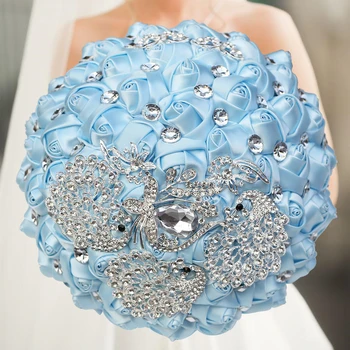Горещи продажби 1бр / лот светло синьо луксозен кристал сватбен букет за булката сватба ръчно изработени цветя