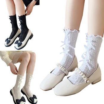 Дамски дантела къдри чорапи средна тръба чорап Bowknot кухи навън отглеждане дантела подстригване накъдрен чорапи за дама момичета