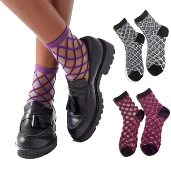 Дамски диамантени решетъчни чорапи Тънки дами дантела Невидими чорапи за лодки Кухи дишащи ниски тръби лилави черни чорапи мода 2022