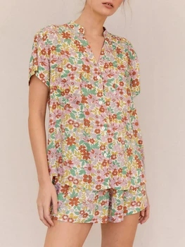 Дамски пижама комплект цвете листа печат къс ръкав бутон затваряне риза с къси панталони спално облекло шезлонги