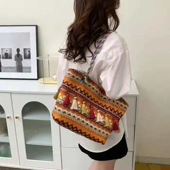 Женска бродерия ивица етнически стил рамо чанта пискюл платно голяма пазарска чанта чанта за пазаруване чанта пътуване съхранение чанта