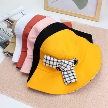 Женска лятна рибарска шапка Японска прекрасна карирана шапка за слънцезащитни кофи Млади студенти Открит сенник Сгъваеми шапки за басейни H7310