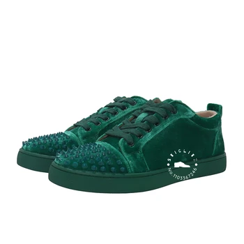 Зелен велур шипове маратонки стилен модерен дизайнерски обувки дантела нагоре апартаменти удобни обувки за мъже и жени многоцветен кожа