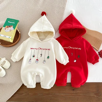 Зимни бебешки коледни дрехи топло новородено бебе момче момиче гащеризон памук руно снежен човек отпечатани качулка гащеризон суитчър дрехи