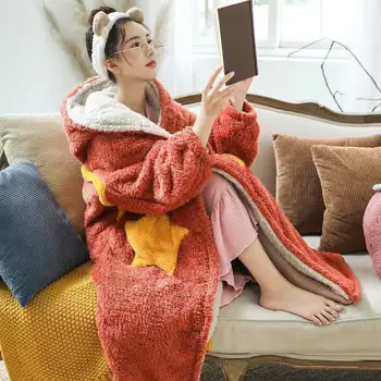 Зимно одеяло за жени Сива врана пижама руно одеяло с ръкави хлабав Loungewear нощна рокля дама сладък дълъг халат Mantas