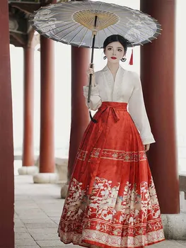 Китайски кон лицето пола комплекти жени династия Минг модерен жакард лилаво ханфу дълъг ръкав риза плисета пола комплекти плюс размер XL