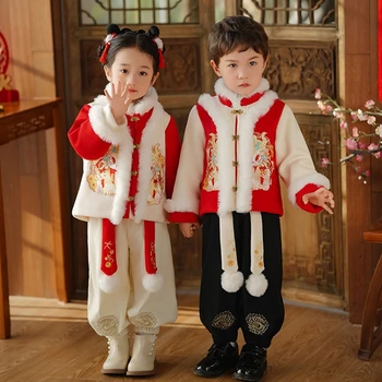Китайски момичета момчета Новогодишни дрехи Детски зимни дрехи Ханфу детски костюм Tang бебе плюс кадифе подплатени Коледа Tang костюм