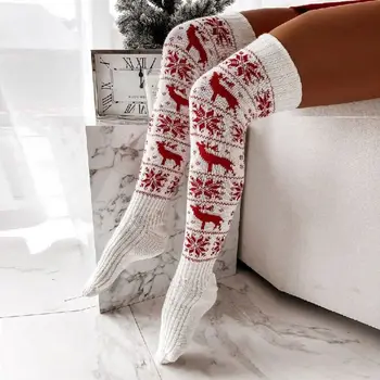 Коледа Дамски чорапи Снежинка Лосове Зимни топли над коляното Чорапи Удебелени плетени крака Чорапогащник