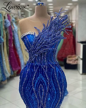 Кралско синьо Елегантни арабски вечерни рокли 2023 Роба De Soirée русалка отвесни врата кристали блясък сватбено парти рокля абитуриентски рокли