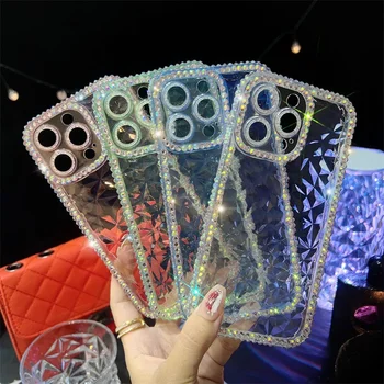Луксозни кристали лъскави модни момичета Прозрачен калъф за телефон за iPhone 15 14 13 12 11 Pro Max Xr X 7 8 14 плюс случай сладък капак