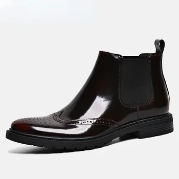 Луксозни лачени есенни мъжки боти до глезена 2023 Мода Британска тенденция Естествена кожа Ръчно изработени глезени Brogues Социални обувки Мъж