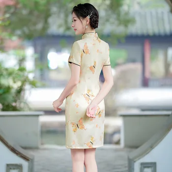 Лято 2023 Кратко секси кайсия Cheongsam снимка азиатски китайски стил вечер мандарин рокля модерен Daily Qipao за жени